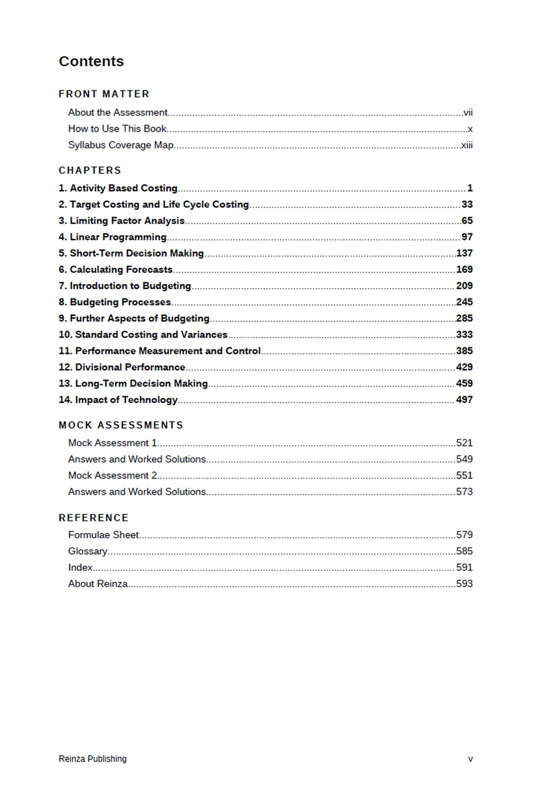 Contents page listing all fourteen chapters with page numbers, the two mock assessments, and the formulae sheet, glossary and index.